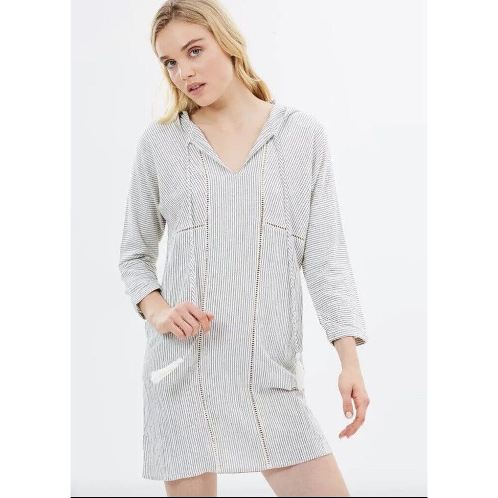 Solito Striped Beige and Black Swim Cover Up Dress XS Hooded Tunic‎ Embroidery